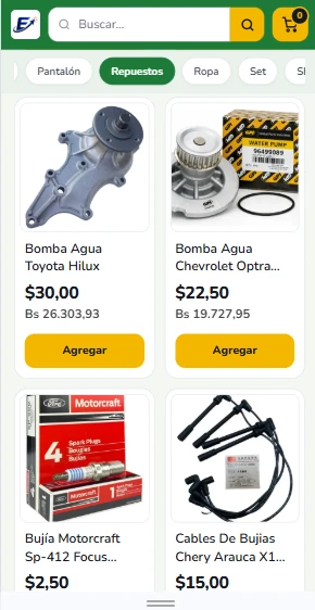 Tienda online de un negocio de repuestos vista en un teléfono